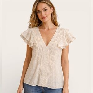 Sundance Cream Embroidered Eyelet Flutter Sleeve Blouse